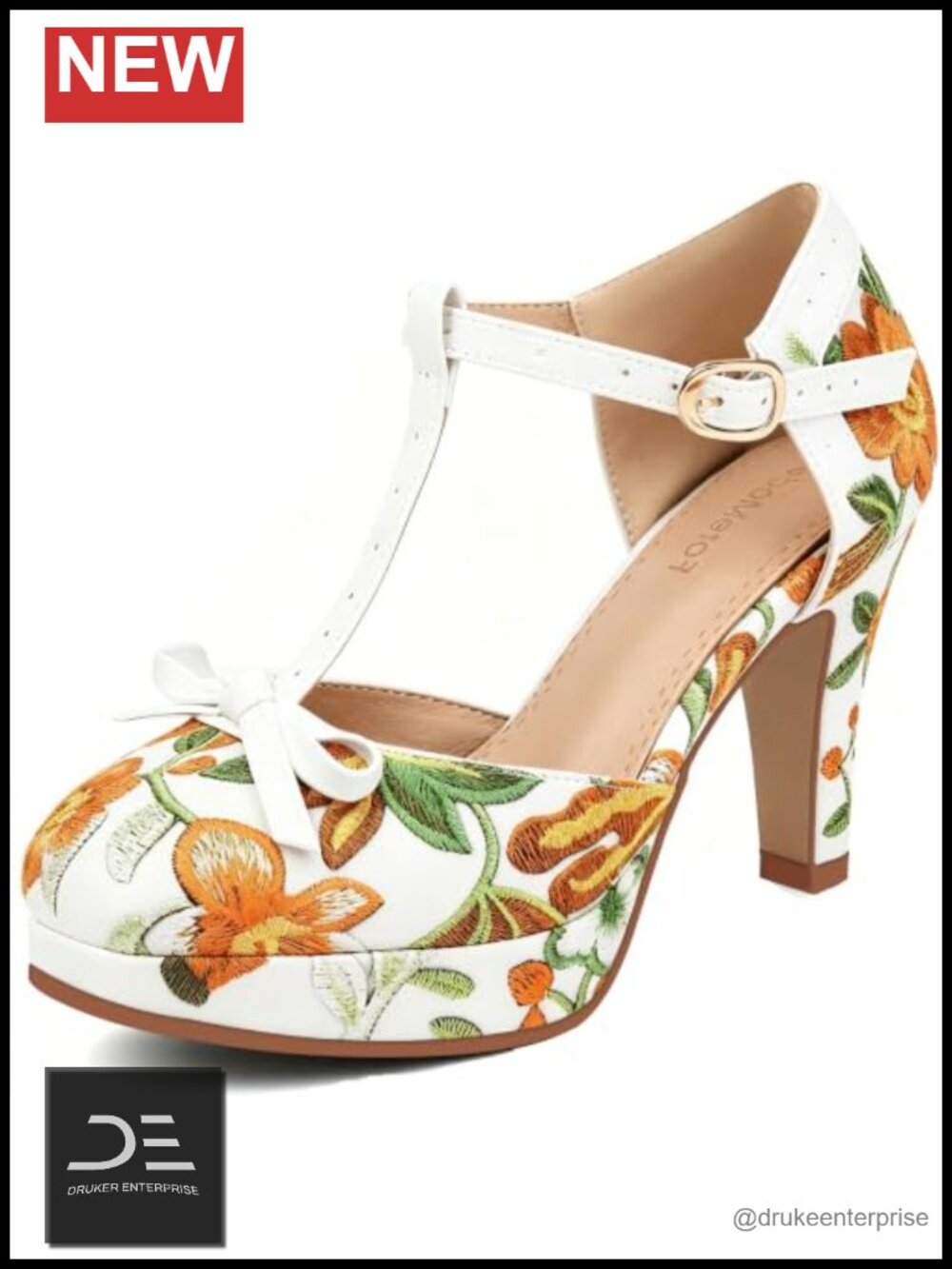 Women's PU Leather Bow Platform Pumps, T-Strap High Heels